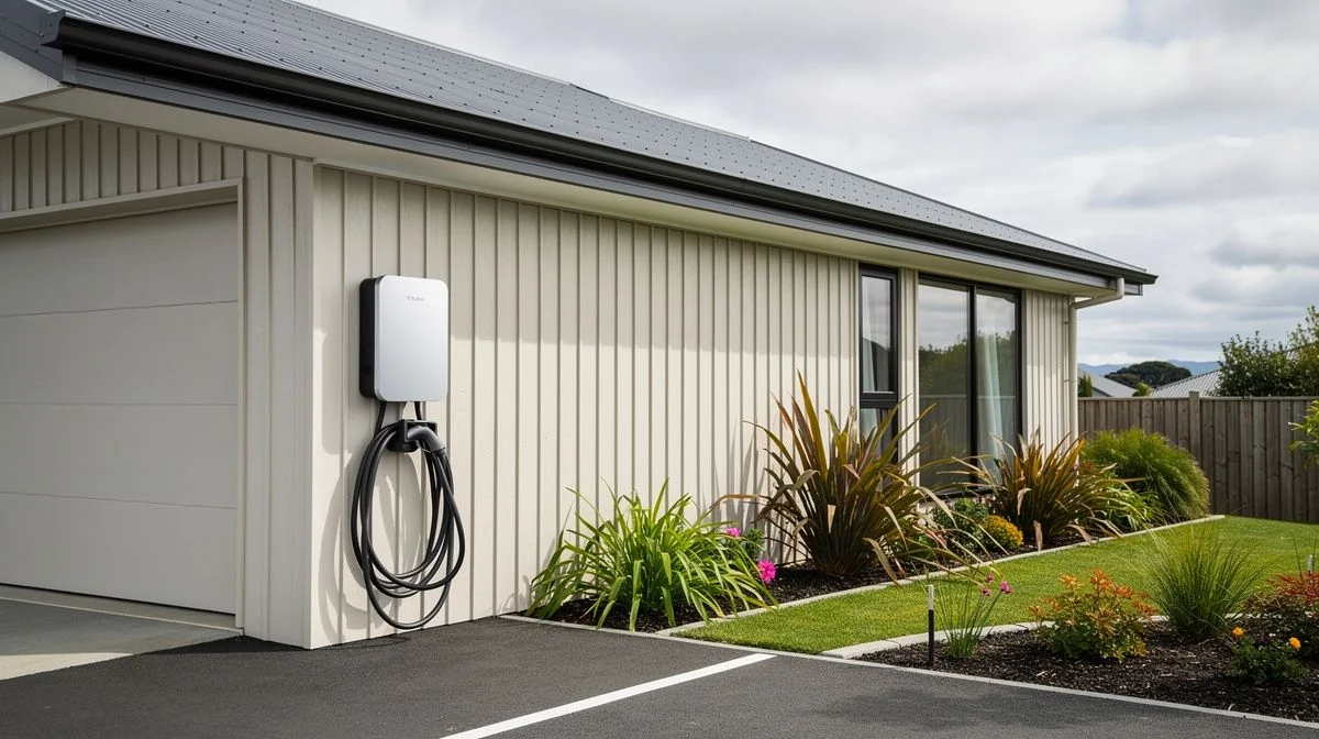 EV wall charger mounted on a Kiwi home exterior