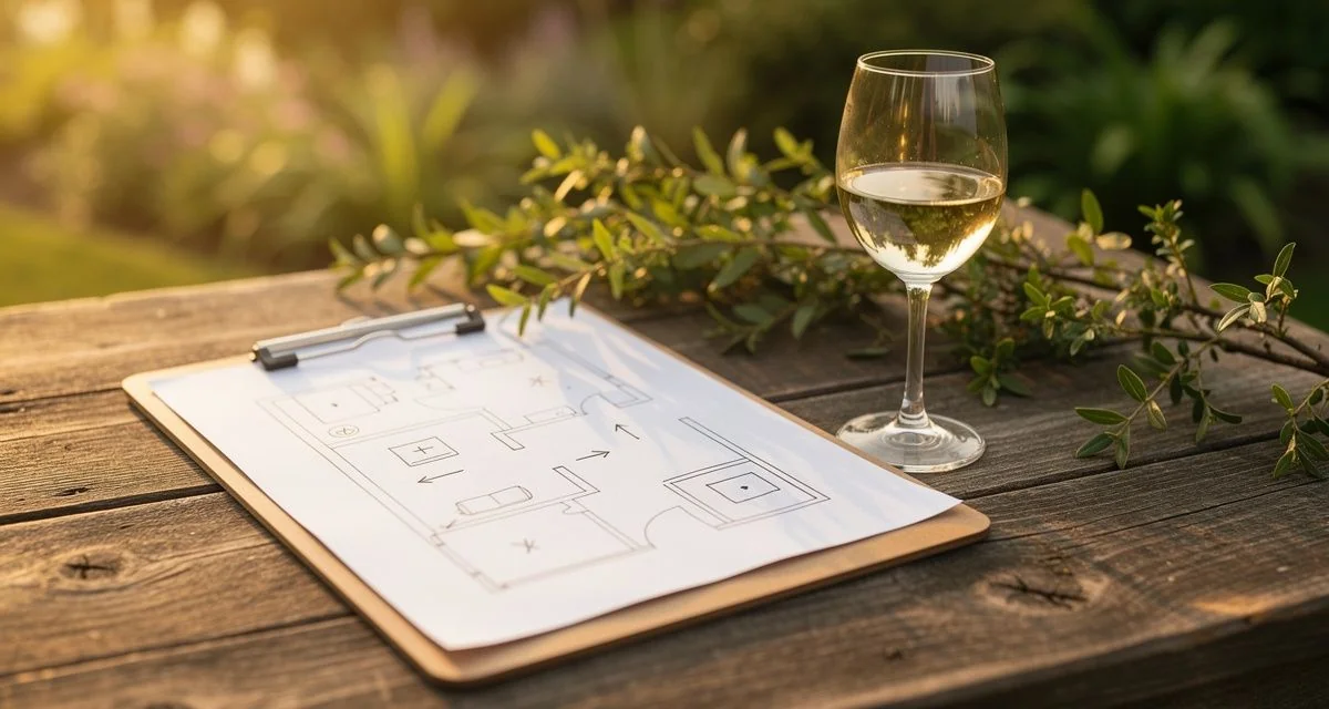 Wedding floor plan on a clipboard with foliage outdoors in afternoon light