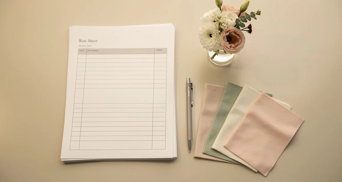 Wedding run sheet, swatches and flowers laid out on a planning table