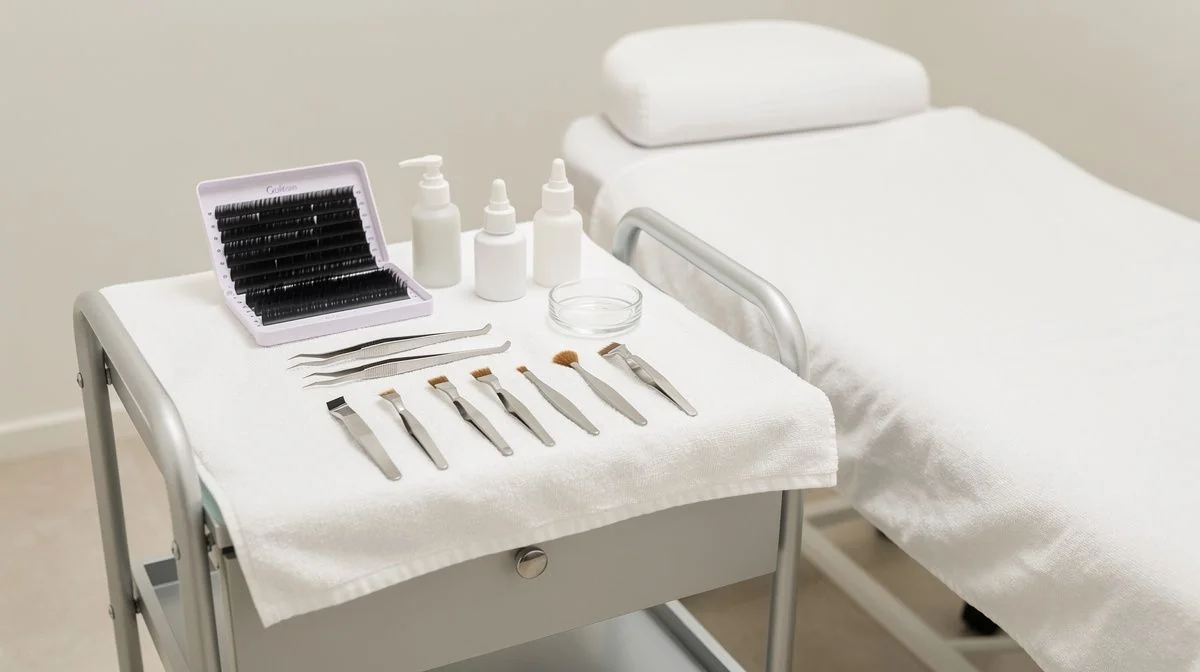 Lash extension tray, tweezers and adhesive arranged on a clean treatment trolley beside a salon bed