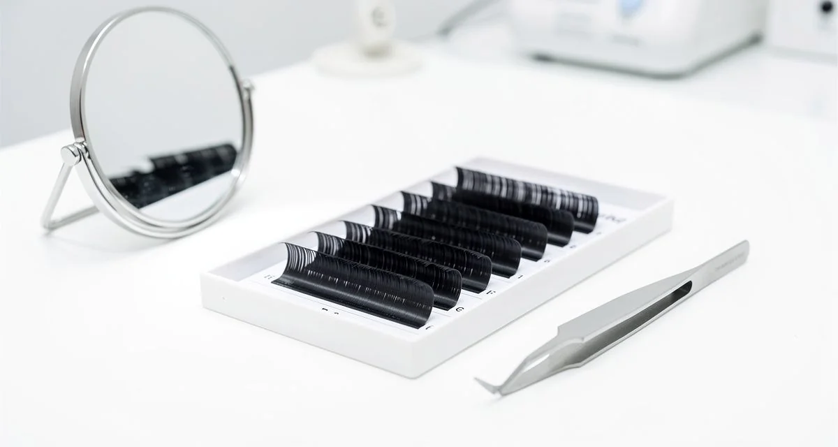 Lash extension tiles in graduated lengths beside fine tweezers and a mirror