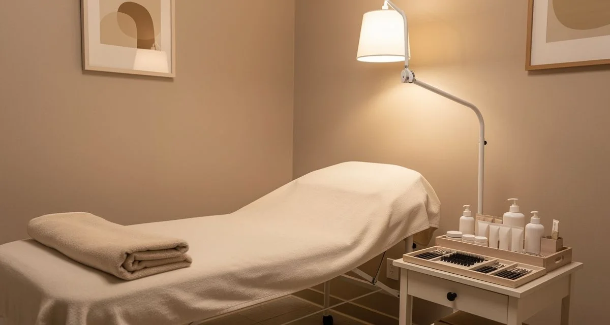 Small home studio lash bed with tool tray and lamp in neutral decor