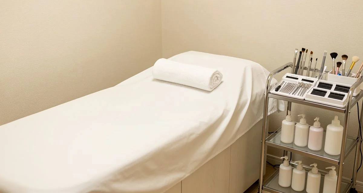 Lash studio treatment bed with towel and tool trolley in warm light