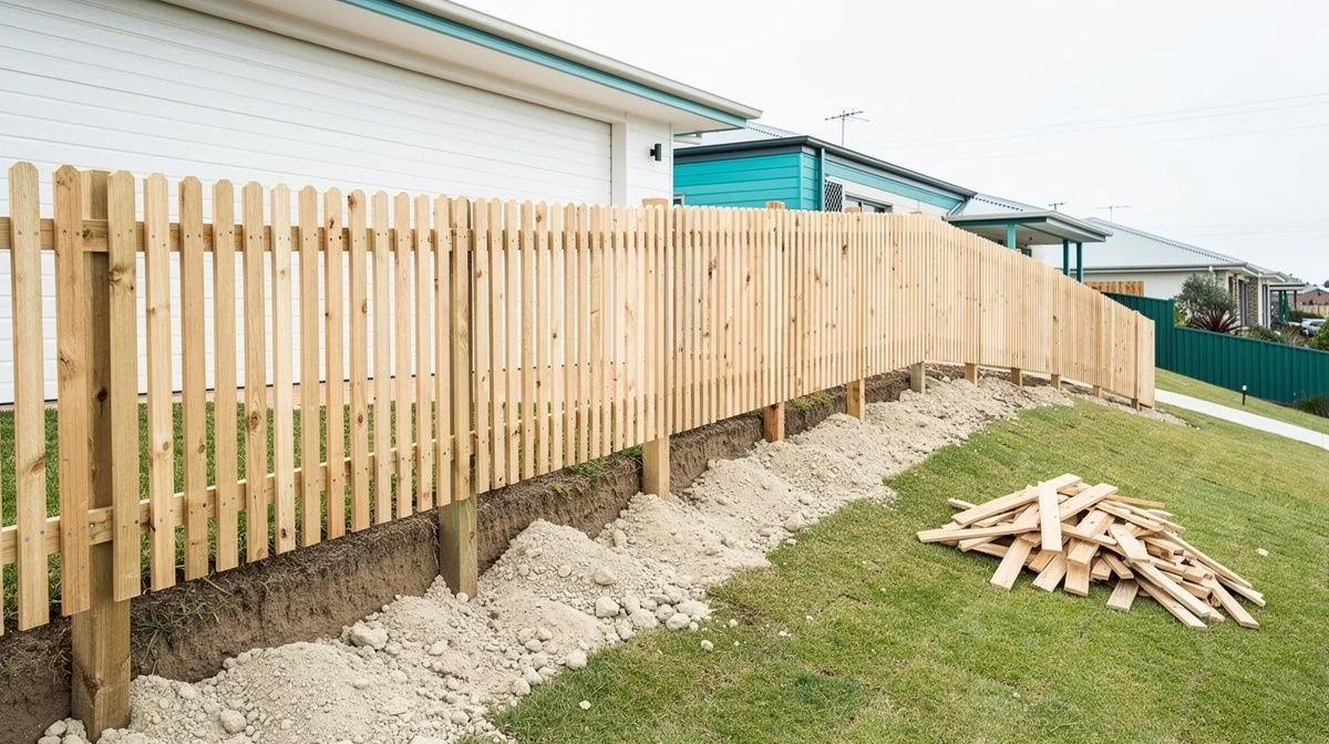 Newly built timber paling fence running along a sloping suburban boundary with a freshly dug post line and a pile of offcuts beside it