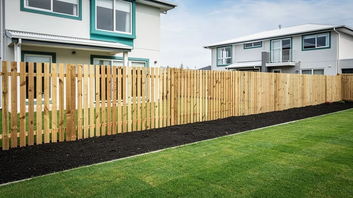 Timber paling fence between two newly built Hamilton houses with fresh lawn and an unplanted garden bed alongside