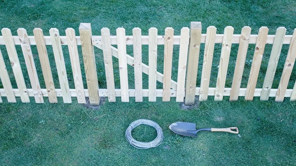 New timber boundary fence with posts, palings and gate frame in a garden