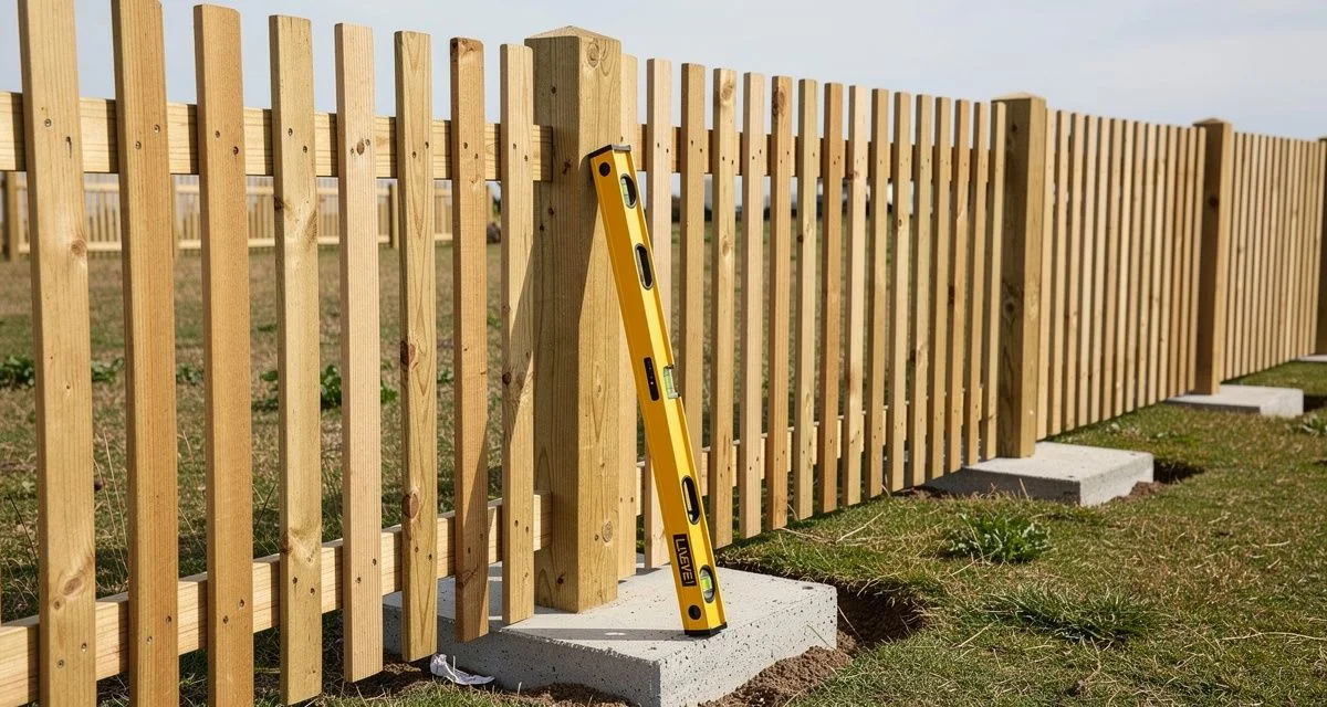 New timber paling fence line with a spirit level resting against a post