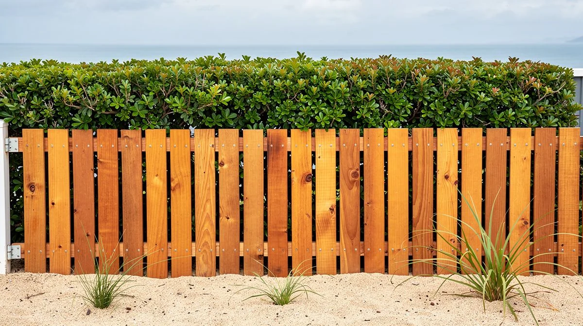 Timber paling fence on a coastal Tauranga section with galvanised fixings, sandy garden soil and a hedge screening the house behind