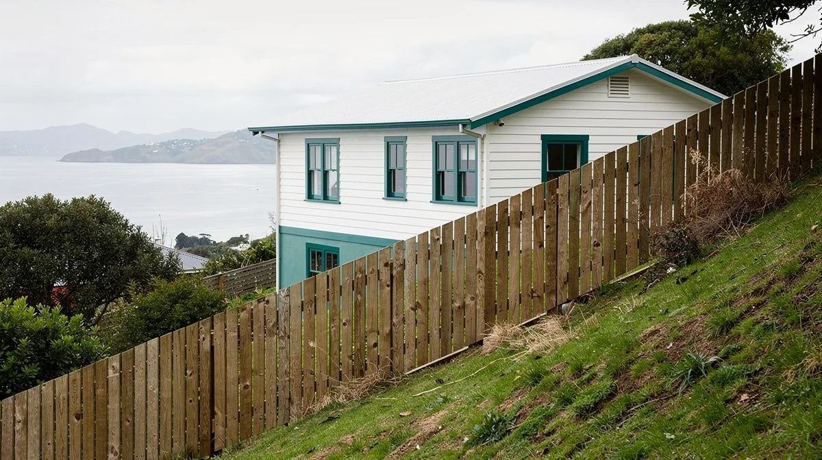 Timber fence stepping down a steep Wellington hillside section with a weatherboard house and harbour glimpses behind it