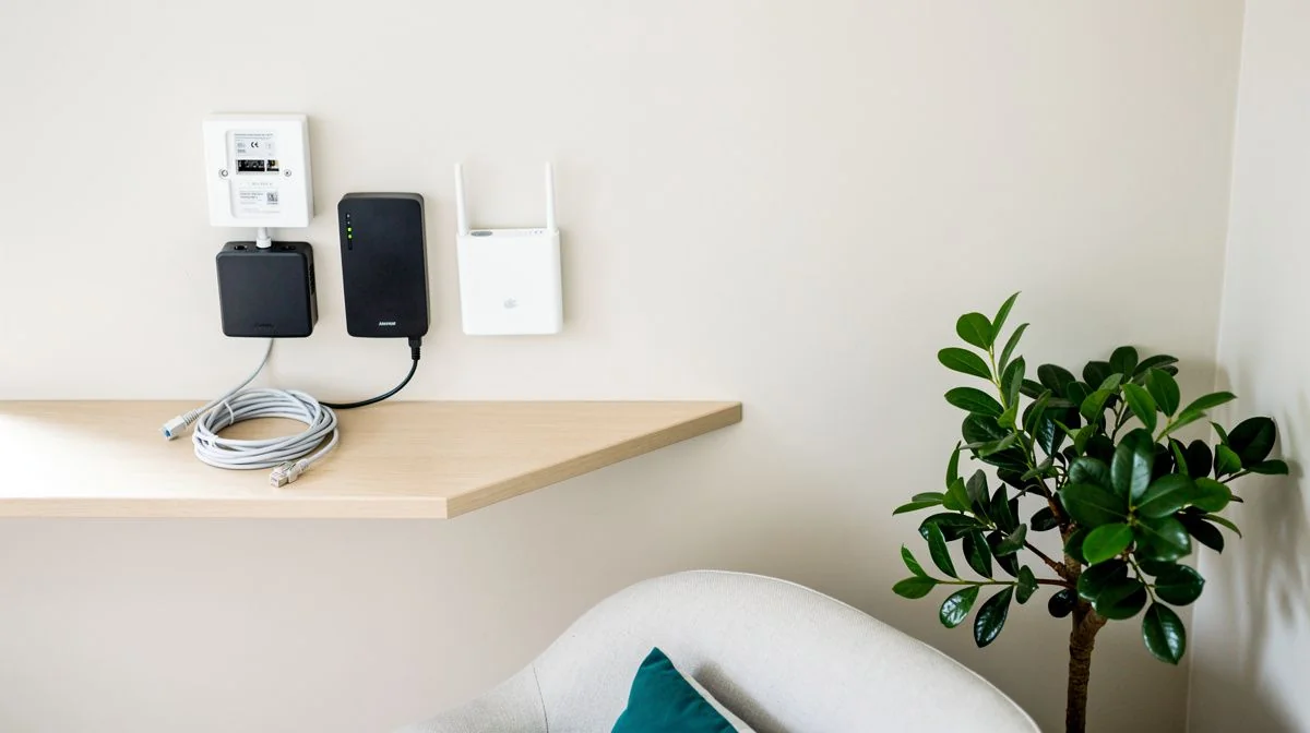 Home fibre termination box, modem and router on a shelf in a sunlit living room
