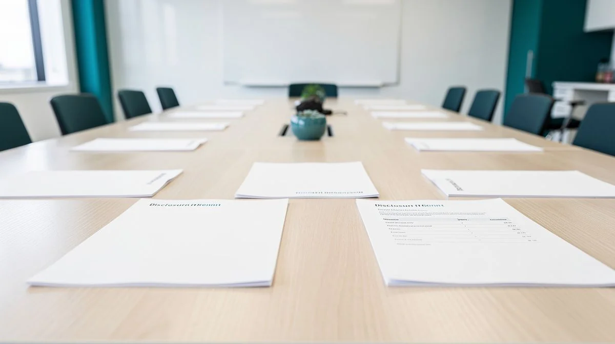 A printed disclosure document and fee schedule on a meeting room table in a Palmerston North office