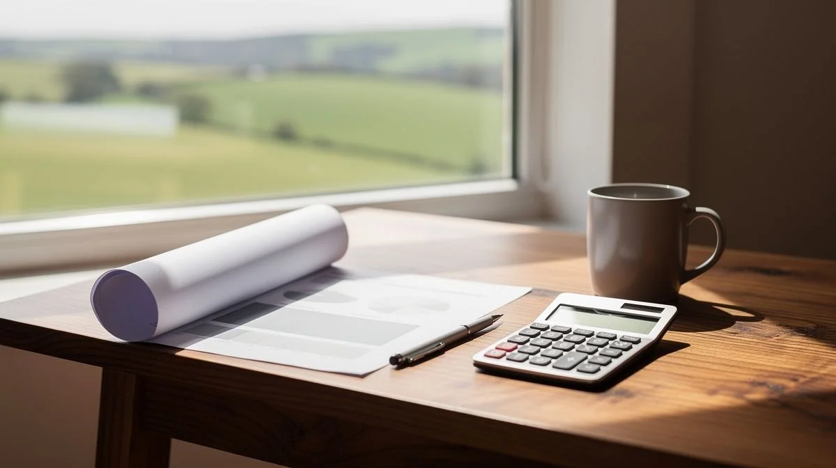 Timber desk with a financial plan printout, a pen, a calculator and a mug beside a window looking out to green hills