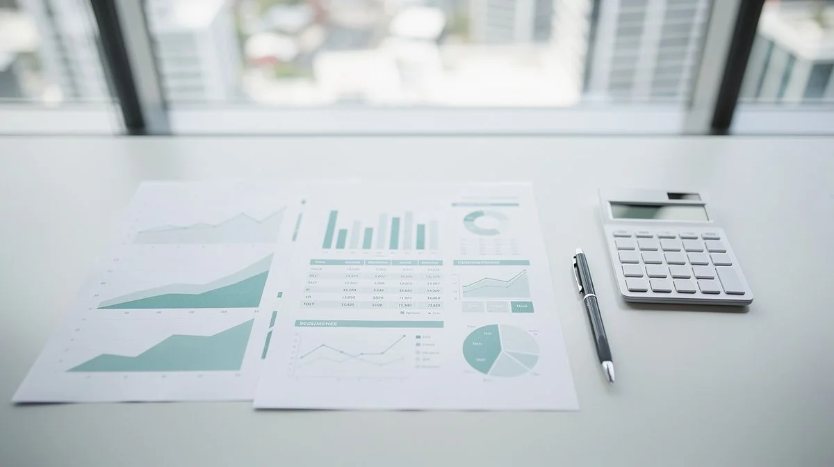 Financial planning documents, printed performance charts, a calculator and a pen arranged on a desk in a bright Auckland office