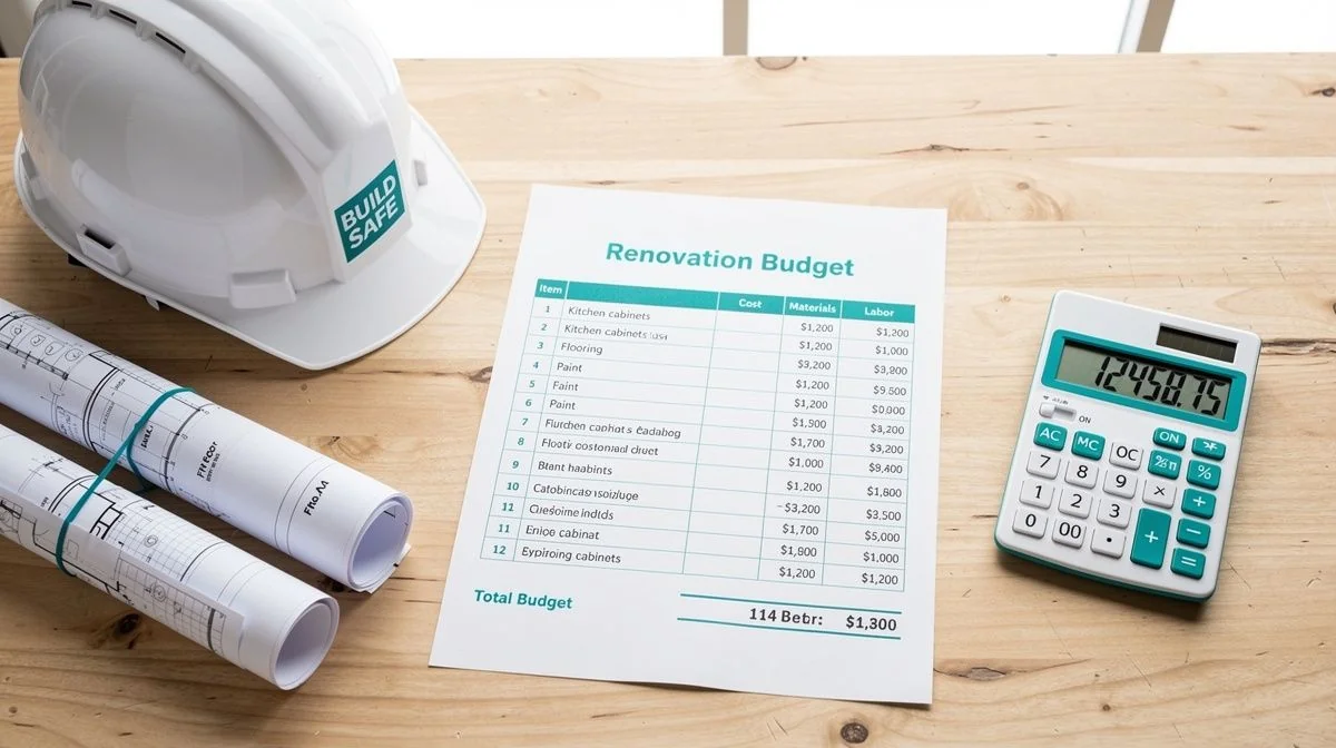 Home renovation budget spreadsheet and a calculator on a workbench beside a safety helmet and rolled plans