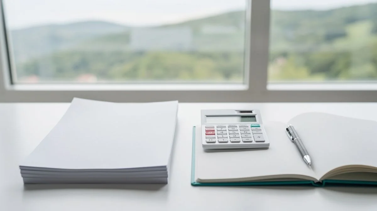 Financial planning papers, a calculator and a pen on a desk beside a notebook and a window overlooking green hills