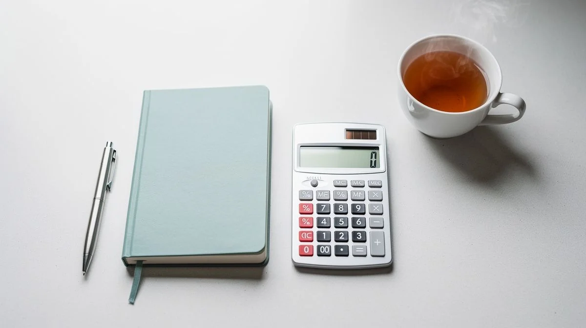 Household budget notebook and a calculator on a kitchen table beside a pen and a cup of tea