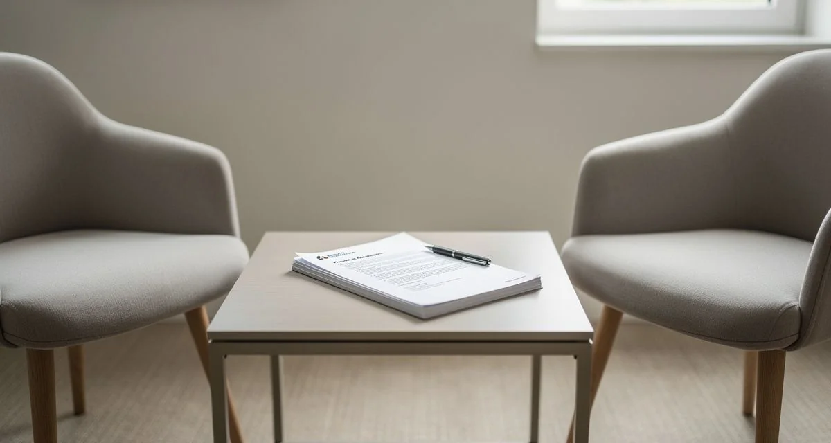 Printed financial advice disclosure document on a low table between two chairs