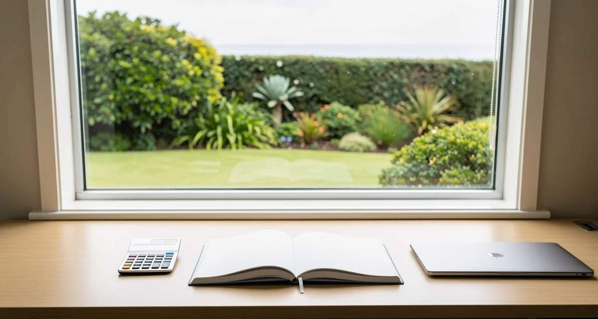 Desk with an open notebook and closed laptop beside a window in a Kapiti Coast office