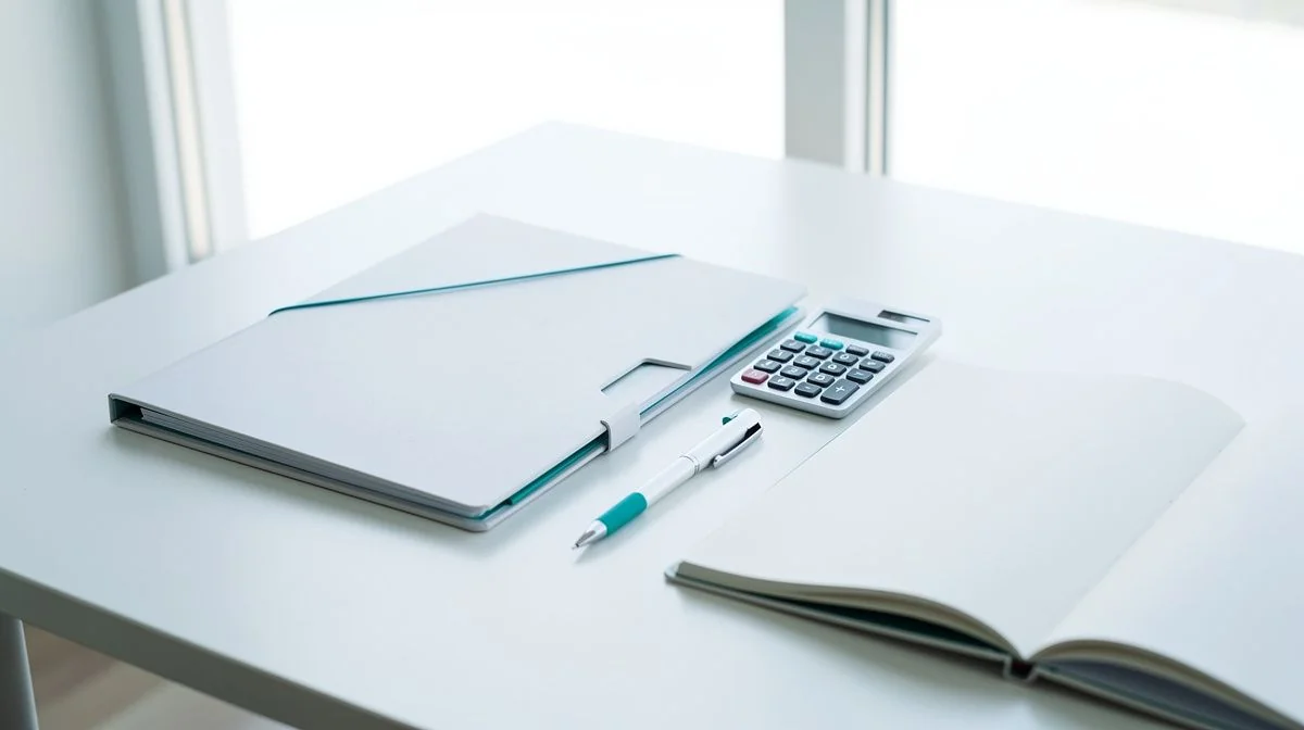 Property investment folder with a calculator, a pen and an open notebook on a table