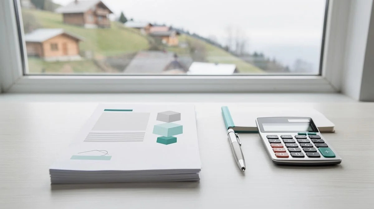 Mortgage statement and a calculator on a tidy desk by a window with hillside houses faintly visible outside