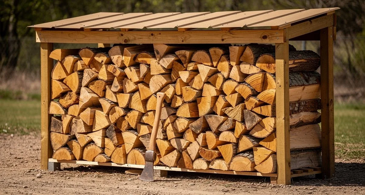 Stacked split firewood under cover with a splitting axe leaning against it