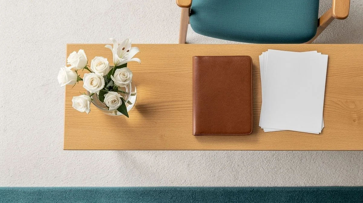 Calm funeral home reception room with wooden desk and white flowers