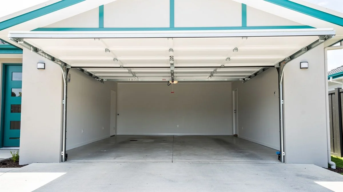 An open double sectional garage door on a suburban Auckland driveway with the torsion spring and track hardware visible above the opening