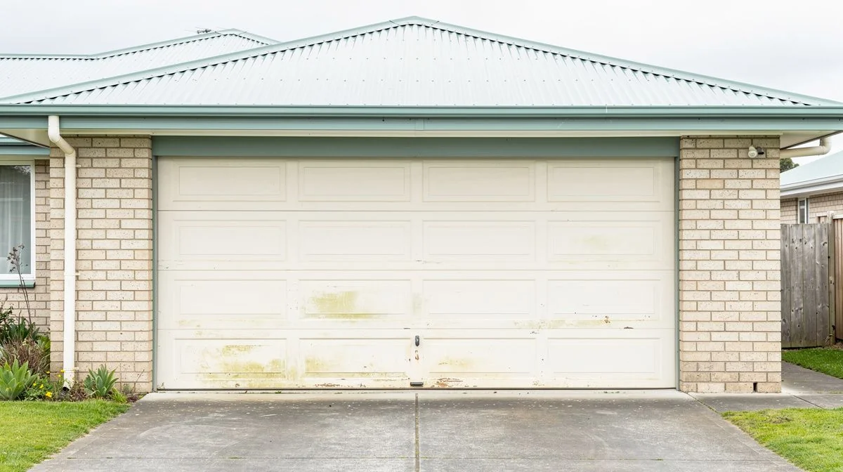An older sectional garage door with faded panels on a single-storey brick home in a Christchurch suburb