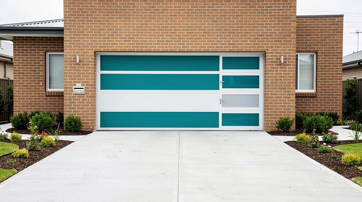 A sectional garage door on a modern Hamilton brick home with a wide concrete driveway and tidy garden