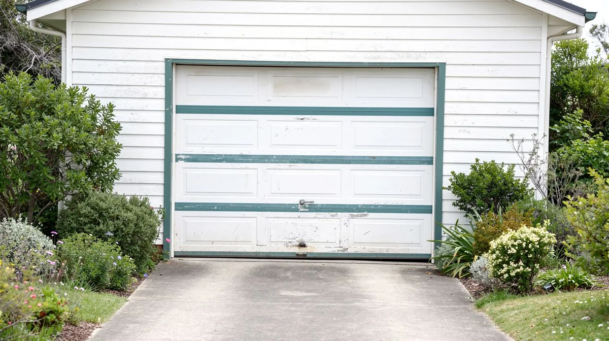 An older tilt garage door on a weatherboard Palmerston North home with a narrow concrete driveway and mature garden