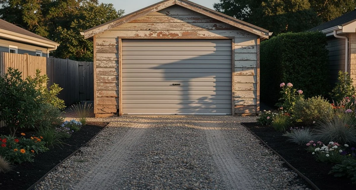 Older Whanganui timber garage with a tilt door on a gravel driveway