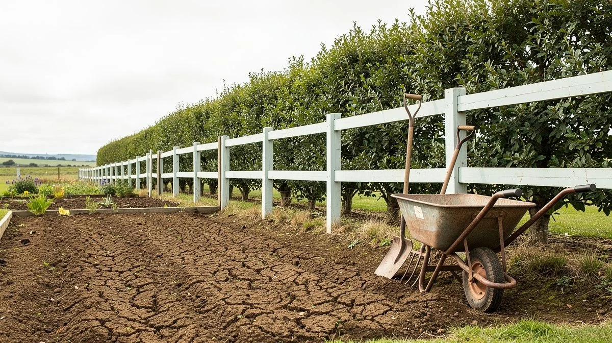 A trimmed shelter hedge standing along a fence line on a windswept Manawatu section, with a wheelbarrow and garden fork beside a clay-soil bed