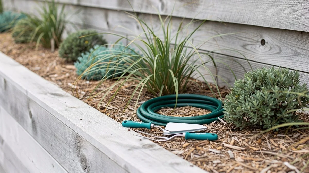 A mulched coastal garden bed with flax and low shrubs beside a weathered timber retaining wall, with a coiled hose and hand tools nearby