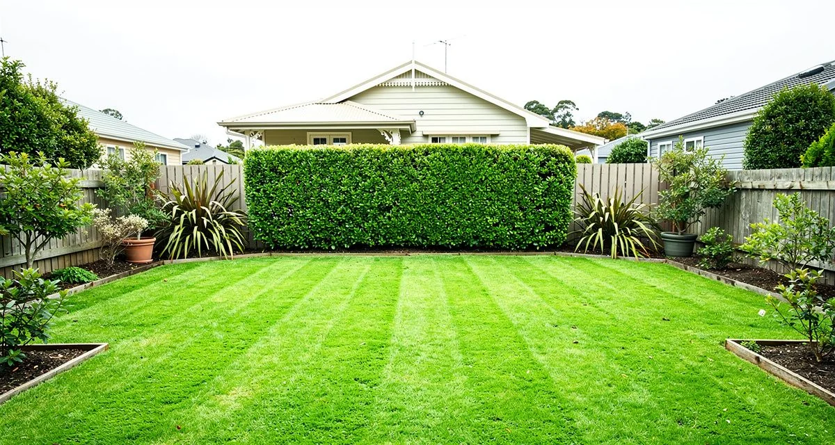 Mown lawn, clipped hedge and native planting in a suburban Auckland garden