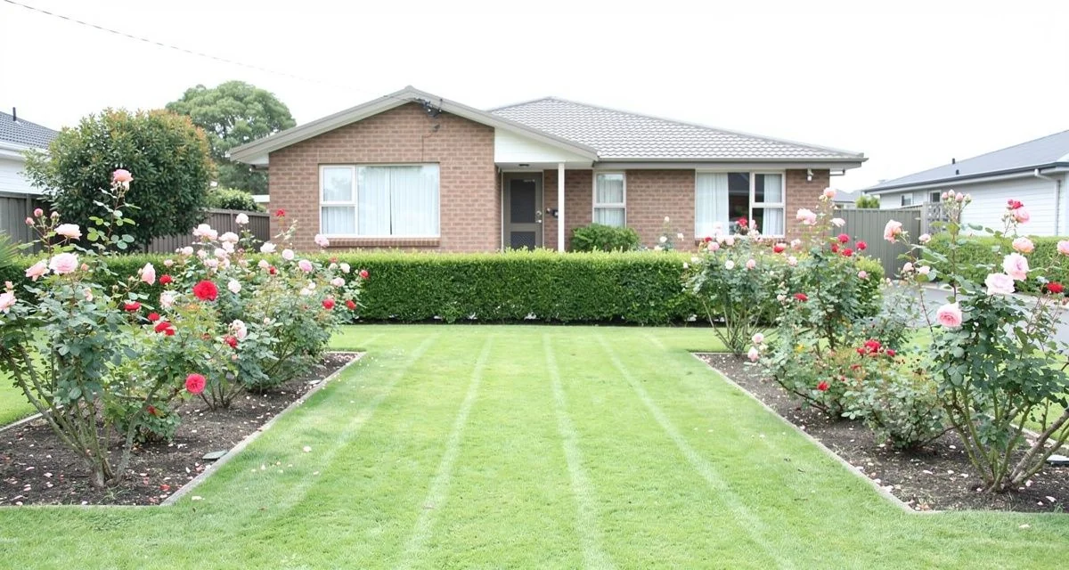 Mown lawn and rose beds in a flat suburban Christchurch garden