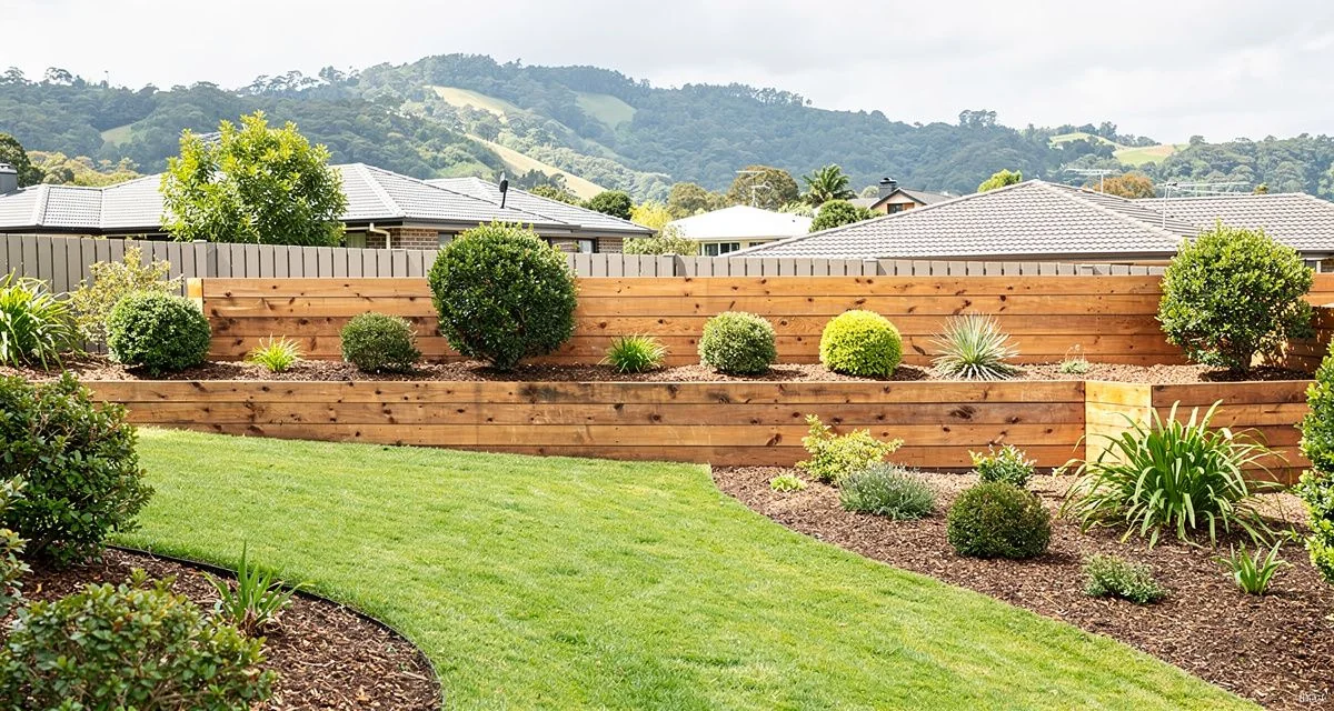 Kept garden with a mown lawn and trimmed shrubs on a sloping Hutt Valley section