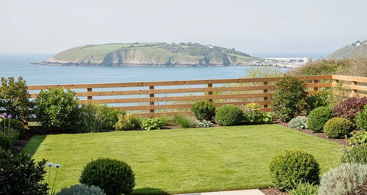 Terraced garden with a mown lawn on a Porirua hillside above the harbour
