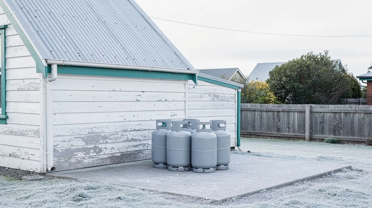 LPG bottles standing on a frosty concrete pad beside an old Dunedin villa with a steep gabled roofline
