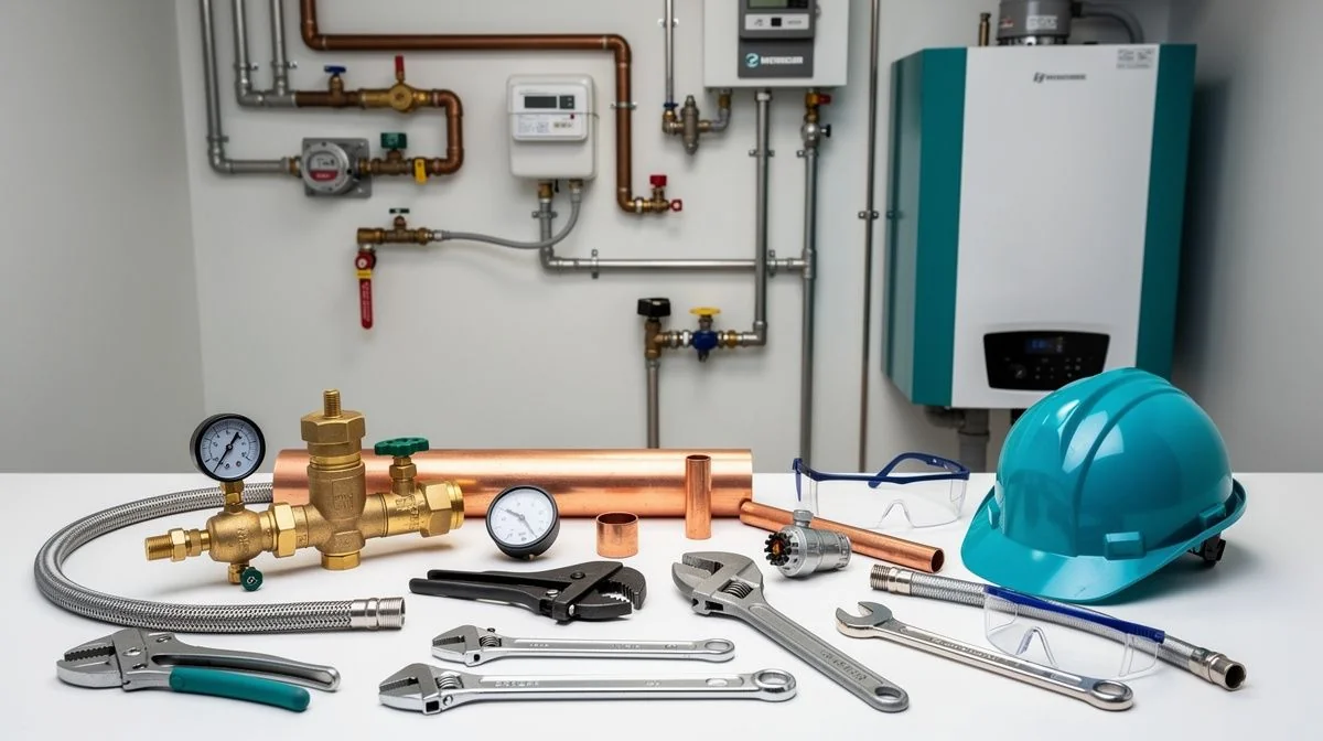 Gasfitter's hand tools and a regulator on a frosty morning beside a Palmerston North bungalow