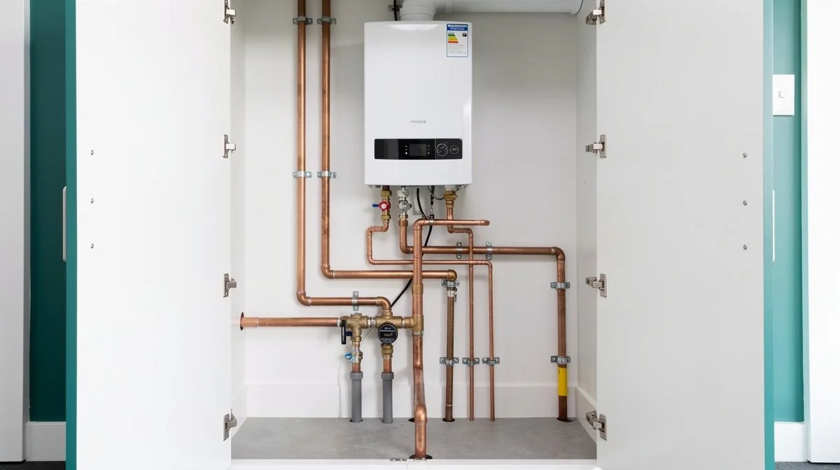 New gas pipework and a water heater installed in the utility cupboard of a modern Porirua townhouse