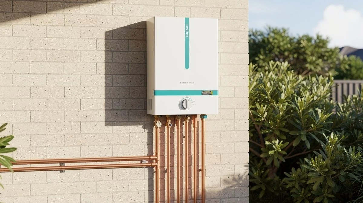 Gas water heating unit and copper pipework against a sunny Tauranga brick wall with coastal shrubs behind
