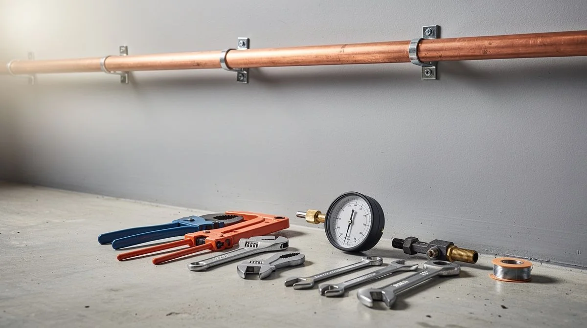 Gasfitting tools and a pressure test gauge beside a copper pipe run along a wall