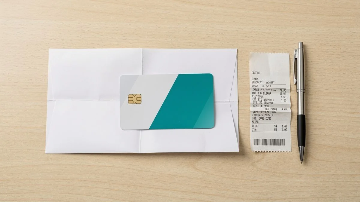 A payment card on a paper statement with receipts on a wooden desk