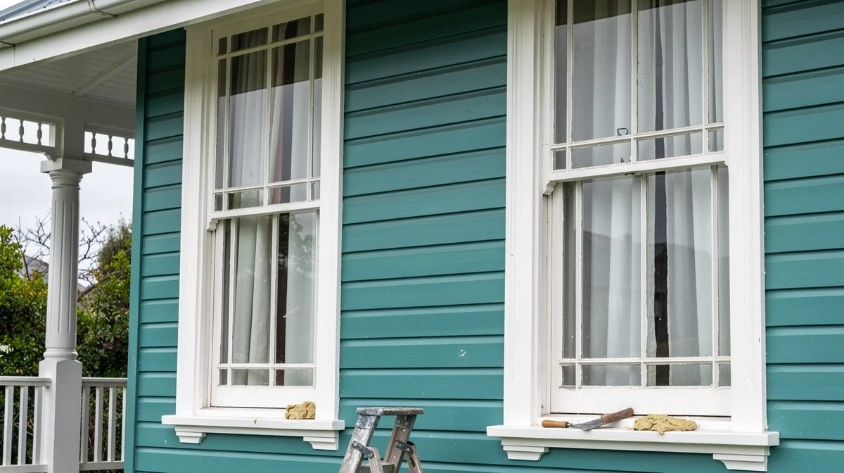 Large single-glazed timber sash windows being re-glazed on an old Dunedin villa