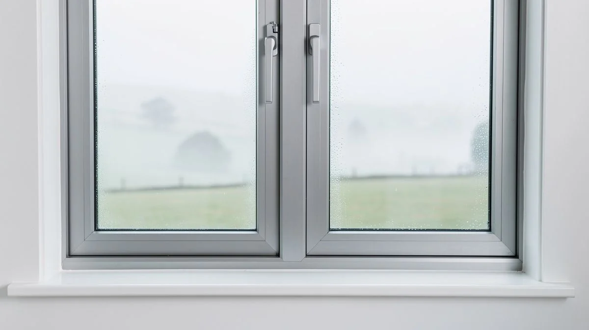 Newly fitted double-glazed units resting in aluminium window frames on a misty Waikato morning