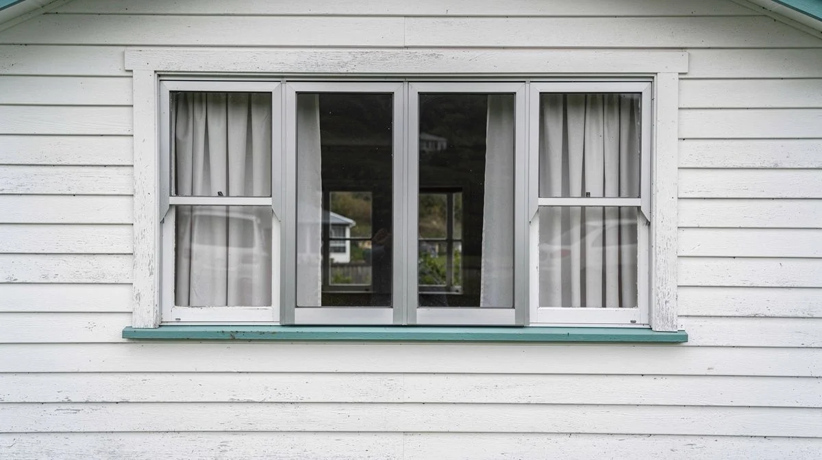 Original aluminium window joinery on a weatherboard home in a Lower Hutt valley suburb