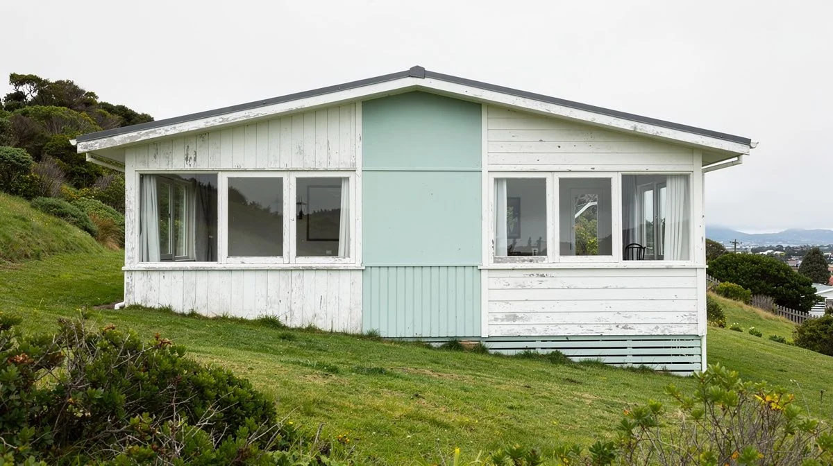 Older single-glazed timber windows on a hillside home in eastern Porirua