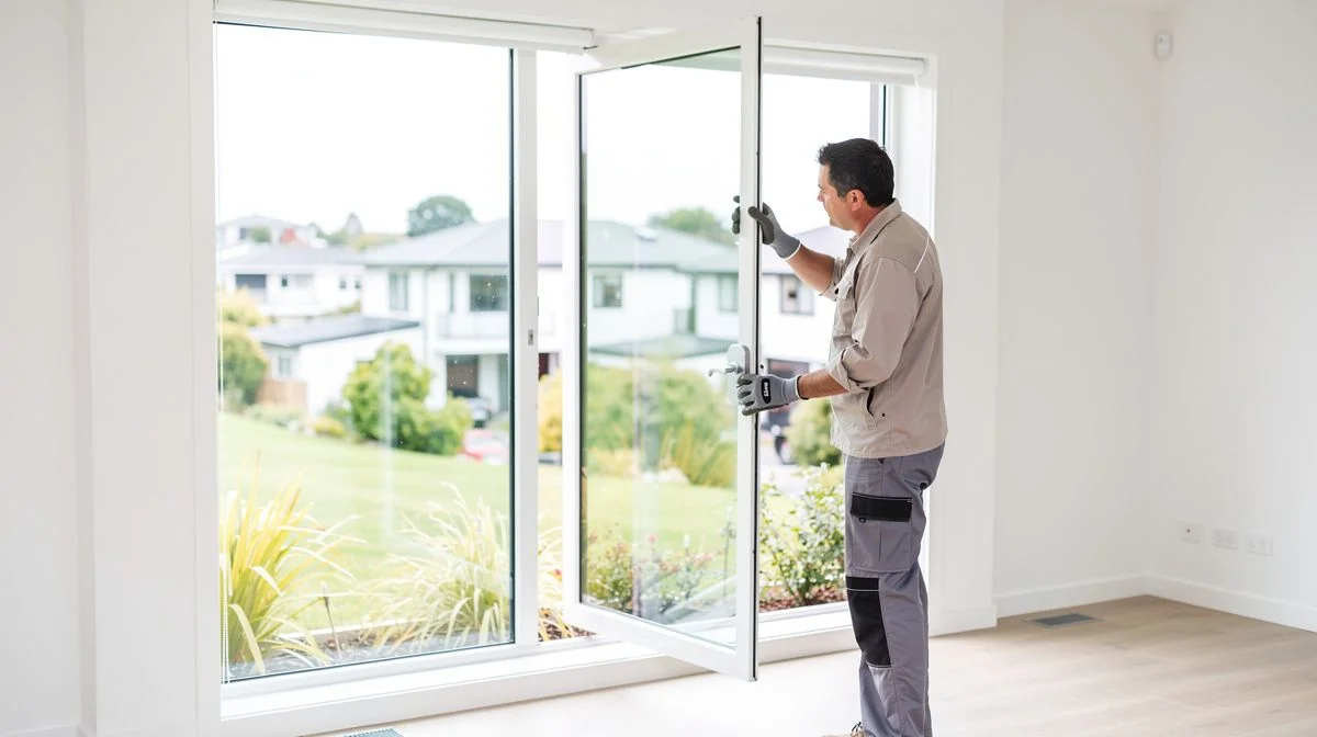Professional glazier installing a window in an Auckland home