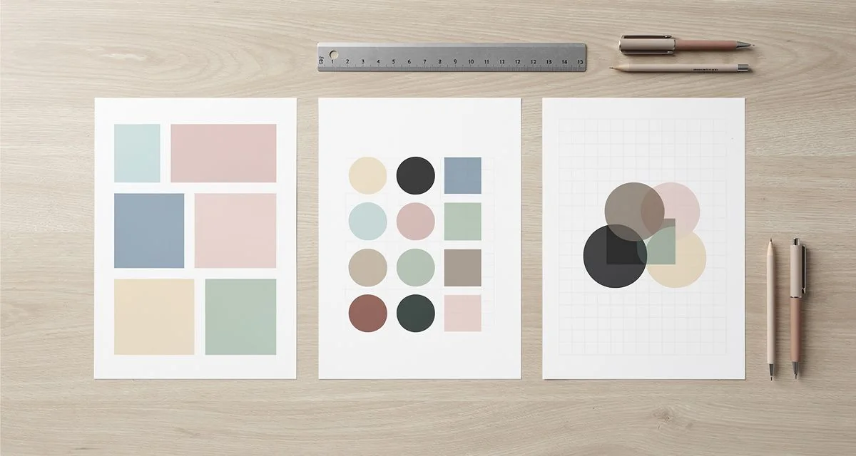 Printed colour palettes and type specimens laid out beside a brand identity document