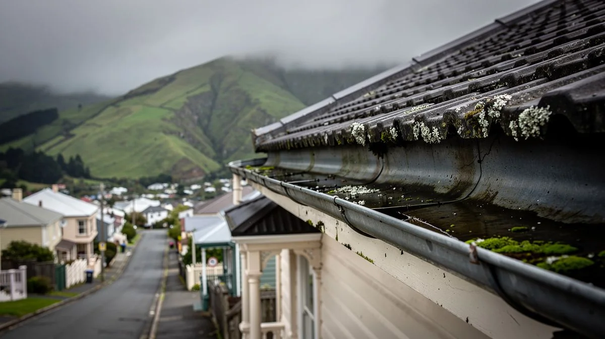 Moss and lichen growing along the gutter channel of an older Dunedin villa
